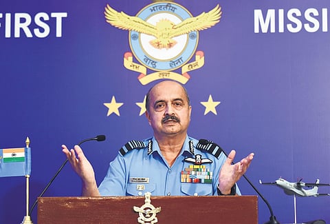 Indian Air Force Chief VR Chaudhari addresses media, ahead of the 91st Air Force Day celebrations on October 8, in New Delhi on Tuesday | Parveen Negi