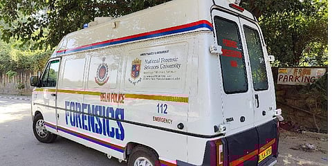A forensics van outside the office of NewsClick at Sainik Farm during raids by Delhi Police's Special Cell on its premises, in New Delhi, Tuesday, Oct. 3, 2023. (Photo | PTI)