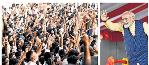 Prime Minister Narendra Modi (right) waves to the crowd (left) during the public meeting in Nizamabad on Tuesday| Vinay Madapu