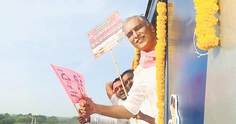 Finance and Health Minister T Harish Rao travels on the Siddipet-Secunderbad train after flagging it off from Siddipet Tuesday