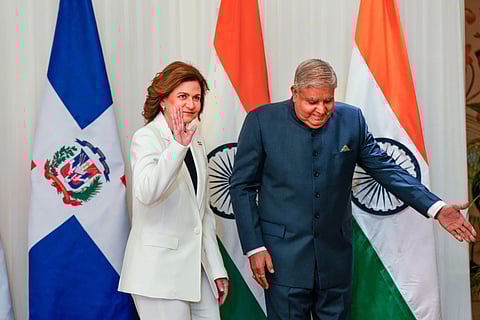 Vice President Jagdeep Dhankhar and Vice President of the Dominican Republic Raquel Pena in New Delhi (Photo | PTI)