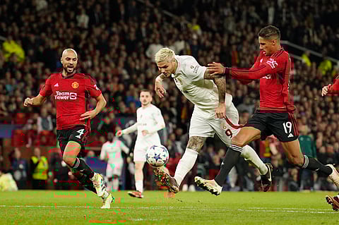 Galatasaray's Mauro Icardi scores his side's third goal during the Champions League group A football match between Manchester United and Galatasaray. (Photo | AP)