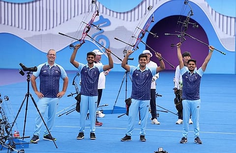 The Indian men's compound team react after winning the gold medal contest on Thursday. (Photo | PTI)
