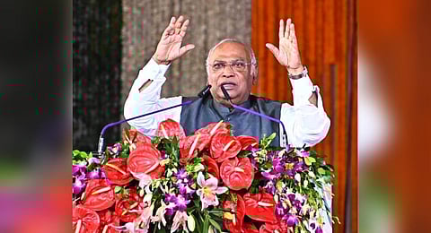 Congress president Mallikarjun Kharge participating in the Chhattisgarh government’s Bharose Ka Sammelan at Raigarh district | PTI