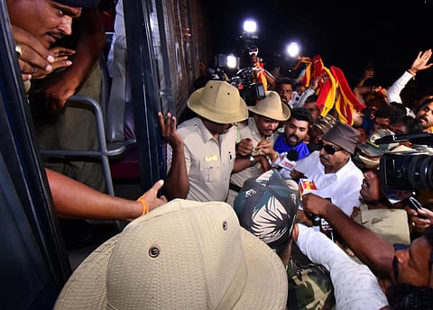 Kannada activist Vatal Nagaraj being detained while trying to lay siege to KRS dam on Thursday. (Photo | Udayashankar S)