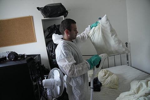 Pest control technician Lucas Pradalier sprays steam on a pillow in a Paris apartment, Wednesday, Oct. 4, 2023. (Photo | AP)