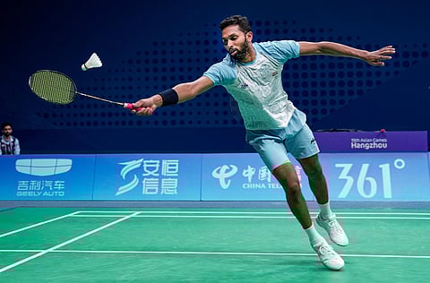 India's HS Prannoy plays a shot against China's Li Shifeng in the Men's Singles semifinal badminton match at the 19th Asian Games, in Hangzhou, China. (Photo | PTI)
