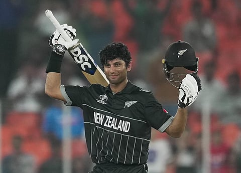 New Zealand's batter Rachin Ravindra celebrates his century during the ICC Cricket World Cup match between England and New Zealand at Narendra Modi Stadium in Ahmedabad. (Photo | PTI)