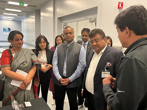 IT/BT and RDPR Minister Priyank Kharge and Minister for Large & Medium Industries MB Patil interact with industry leaders and Indian diaspora in the U.S. (Photo | Express)