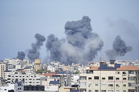 Smoke rises from an explosion caused by an Israeli airstrike in the Gaza Strip, Saturday, Oct. 7, 2023. (Photo | AP)