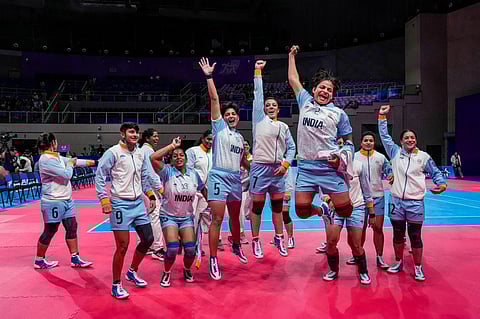 Indian team celebrates after winning the Women's Team Gold Medal Kabaddi match against Chinese Taipei at the 19th Asian Games, in Hangzhou, China. (Photo | PTI)