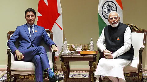 Prime Minister Justin Trudeau takes part in a bilateral meeting with Indian Prime Minister Narendra Modi during the G20 Summit in New Delhi.