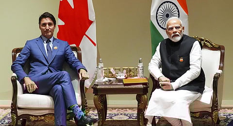 Prime Minister Justin Trudeau takes part in a bilateral meeting with Indian Prime Minister Narendra Modi during the G20 Summit in New Delhi. (Photo | AP)