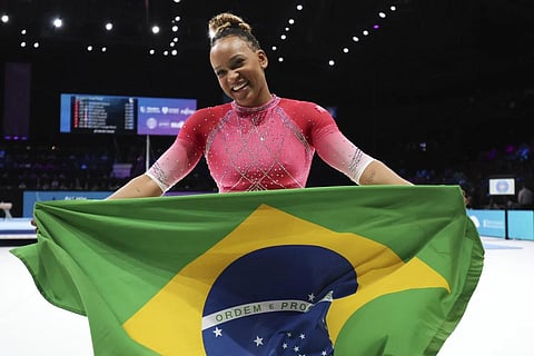 Rebeca Andrade of Brazil celebrates after winning the gold medal on the vault during the apparatus finals at the Artistic Gymnastics World Championships in Antwerp, Oct 7, 2023. (Photo | AP)