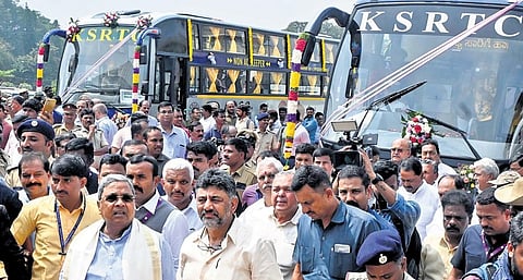 CM Siddaramaiah, DyCM DK Shivakumar, and Transport Minister Ramalinga Reddy after inaugurating the ‘Pallakki’ buses at Vidhana Soudha on Saturday.
