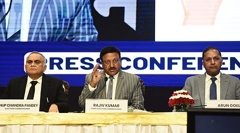 Chief Election Commissioner Rajiv Kumar addresses a press conference in Delhi | EPS, Parveen Negi.