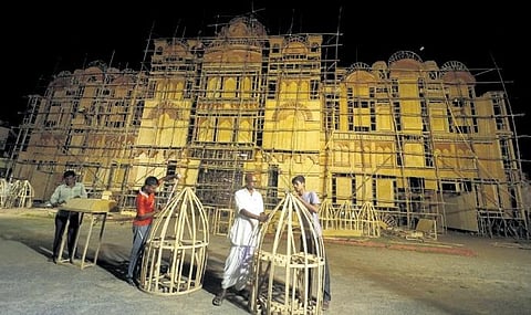 The ‘Golden Palace’ themed Durga Puja pandal in making at Jharpada in Bhubaneswar | SHAMIM QURESHY