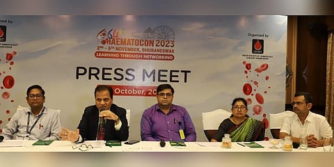 Organising secretary Prof Rabindra Kumar Jena briefing mediapersons on Tuesday | Express