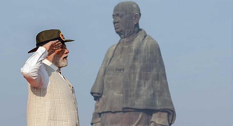 Prime Minister Narendra Modi at 'Rashtriya Ekta Diwas' parade, in Kevadia, Gujarat, Tuesday, Oct. 31, 2023. (PTI )