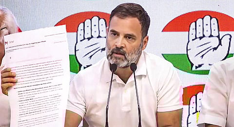 Congress leader Rahul Gandhi addresses a press conference. (Photo | PTI)