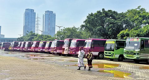 Private buses parked at Vyttila Mobility Hub following the token strike called by the private bus operators in the state | A Sanesh