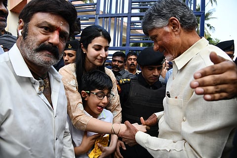 Chandrababu Naidu meets his brother-in-law N Balakrishna, his daughter-in-law Nara Brahmani and grandson Devansh after coming out of Rajamahendravaram Central Prison (Express)