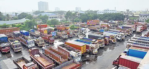 Lorries parked at Madhavaram CMDA terminal in Chennai as the state lorry owners federation has called for a 12-hour strike | P Ravikumar