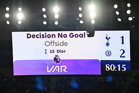 A screen displays the 'No Goal' decision following a VAR review during the English Premier League football match between Tottenham Hotspur and Chelsea on November 6, 2023. (Photo | AFP)
