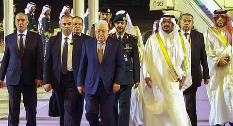 Palestinian president Mahmud Abbas (C) arriving in Saudi Arabia on November 10, 2023, ahead of a summit amid the ongoing war.(Photo | AFP)