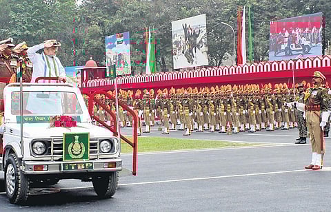 Home Minister Amit Shah inspects a guard of honour during the celebrations of ITBP’s 62nd Foundation Day, in Dehradun on Friday | pti