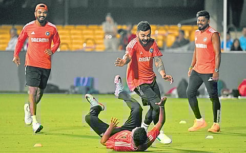 Indian players share a ligjht moment during practice in Bengaluru. (Photo | Vinod Kumar T)