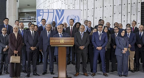 Palestinian Ambassador to Switzerland Ibrahim Khraishi speaks after a minute of silence for all the civilians killed during the Israel Hamas war, at the European headquarters of the UN.(Photo | AP)