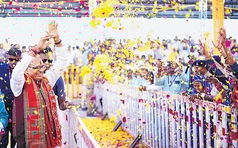 Madhya Pradesh Chief Minister Shivraj Singh Chouhan during an election campaign in Dhar district on Sunday. (Photo | PTI)