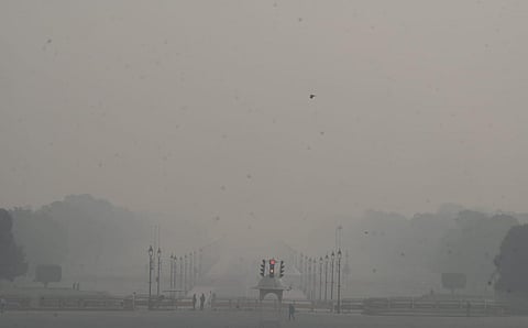 Thick smog engulfs the Vijay Chowk area as air quality deteriorates the day after Diwali in New Delhi, on Monday, Nov 13, 2023. (Photo | Shekhar Yadav, EPS)
