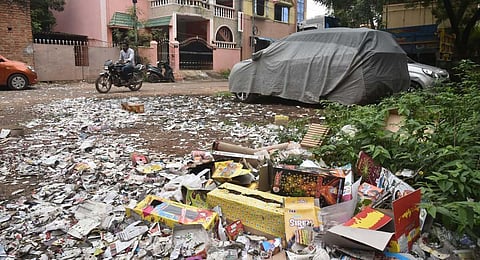 Cracker waste in a street in Chennai post Diwali. ( Express)