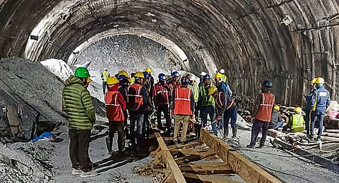 Rescue and relief operations underway after a portion of a tunnel under construction between Silkyara and Dandalga collapsed, in Uttarkashi district, Tuesday, Nov. 14, 2023. (PTI)