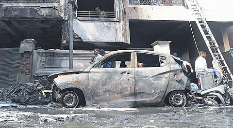 Fire broke out in a chemical warehouse at Bazar Ghat in Nampally, Hyderabad. (Photo | Sri Loganathan Velmurugan, EPS)