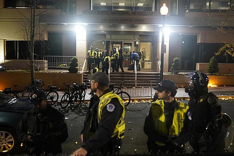 US Capitol Police stand outside the headquarters of the Democratic National Committee, Wednesday, Nov 15, 2023. (Photo | AP)