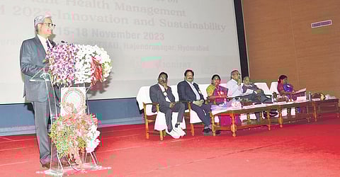 Dr SC Dubey, assistant director general, Plant Protection and Biosafety, ICAR delivering his keynote address at PJTSAU on Wednesday