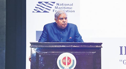 Vice-President Jagdeep Dhankhar speaks after releasing a book authored by Captain Himadri Das, at Manekshaw Centre in New Delhi on Wednesday | express