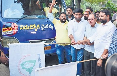 Civil rights activist Prof G Haragopal flags off the Nirudyoga Chaitanya Yatra at Telangana Martyrs Memorial in Hyderabad | Vinay Madapu
