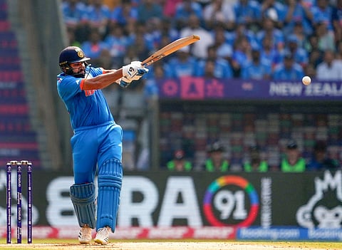 Rohit Sharma plays a shot during the ICC Men's Cricket World Cup 2023 semi-final match between India and New Zealand, at the Wankhede Stadium, in Mumbai, Wednesday, Nov. 15, 2023. (Photo | PTI)