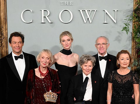 'The Crown' cast: L-R: Dominic West, Marcia Warren, Elizabeth Debicki, Imelda Staunton, Jonathan Pryce and Lesley Manville. (AFP)
