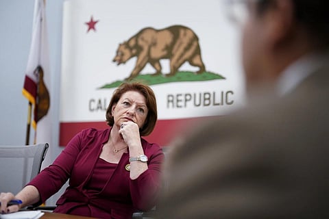 California state Senate President Pro TemporeToni Atkins looks on during a briefing with district representatives, Mon, Nov 13, 2023. (Photo | AP)