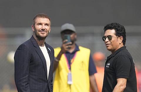 David Beckham and Sachin Tendulkar talk just before the coin toss at the start of the World Cup first semifinal match between India and New Zealand in Mumbai (Photo | AP)