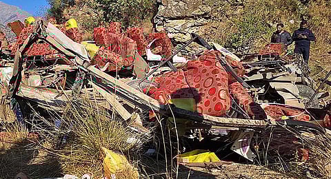 Wrecked remains of a bus which fell into a gorge while carrying passengers, in Doda district of Jammu & Kashmir, Wednesday, Nov. 15, 2023. (PTI)