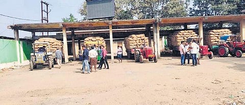 Farmers with their paddy stocks at the market yard in Godbhaga area. (Photo | Express)