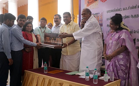 Lt. Gov Dr. Tamilisai Soundararajan, CM N. Rangasamy and education Minister A. Namassivayam attended the Handing over of the renovated VOC School Building to Education Dept. (Photo | Sriram R, EPS)