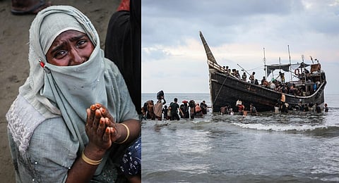 (L) A Newly arrived Rohingya refugee cries on the beach Rohingya; (R) refugees return to a boat in Ulee Madon, Aceh province, Indonesia, on November 16, 2023. (Photo | AFP)