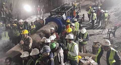 Rescue and relief operations underway after a portion of a tunnel under construction between Silkyara and Dandalgaon collapsed. (Photo | PTI)